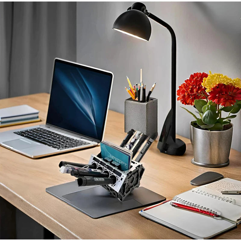 Engine Block Desk Organizer: Modern art for desktop/bookshelf. Holds business cards, a creative office accessory.
